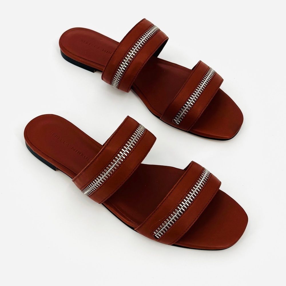 Rebecca Minkoff Marciann‎ Leather Slip On Sandal Size 8.5 Zipper Accent